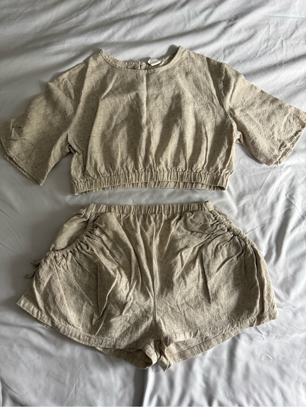 SHEIN Linen Beige Crop Top & Shorts Matching Set